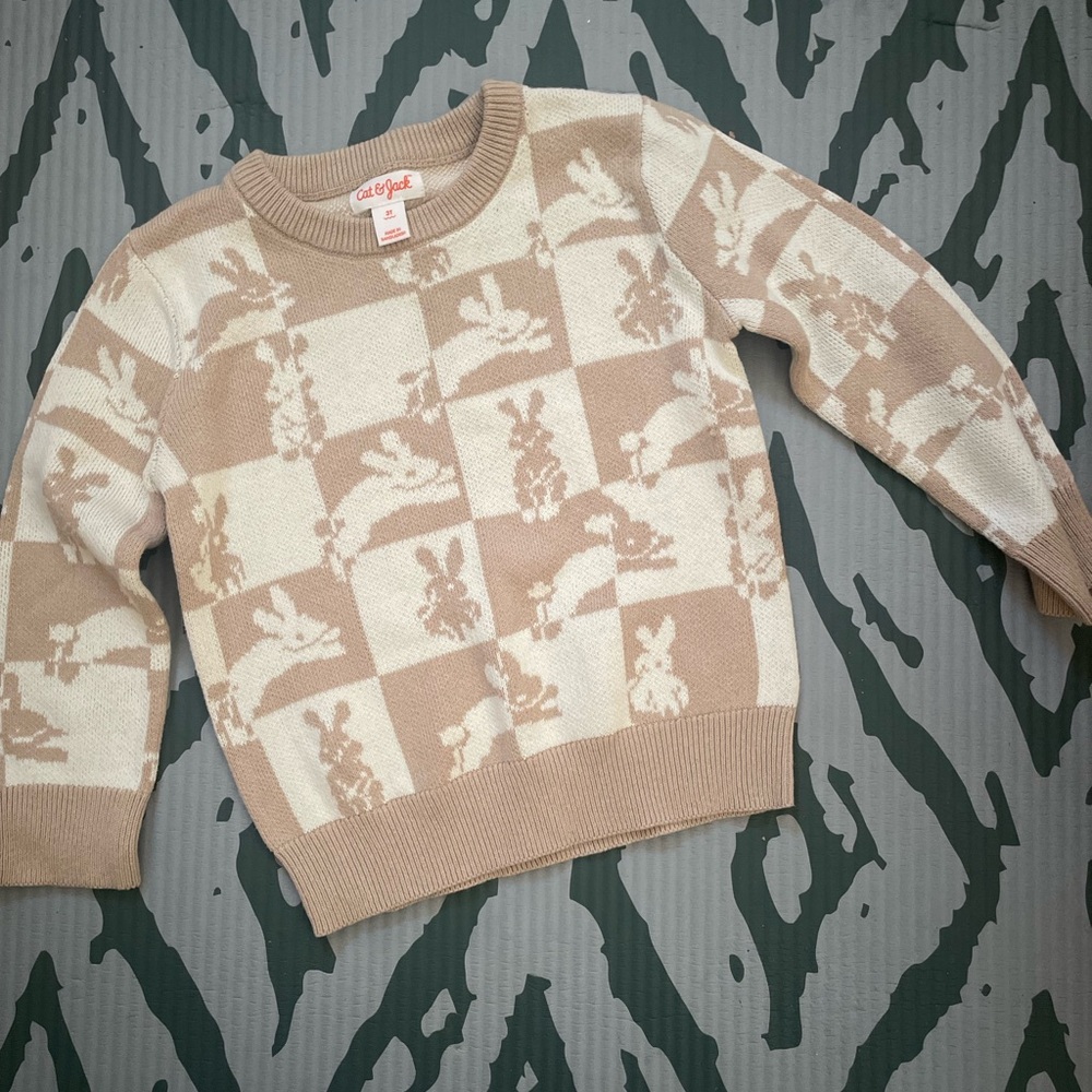 Cat & Jack Beige and Cream Bunny Checker Knit Sweater